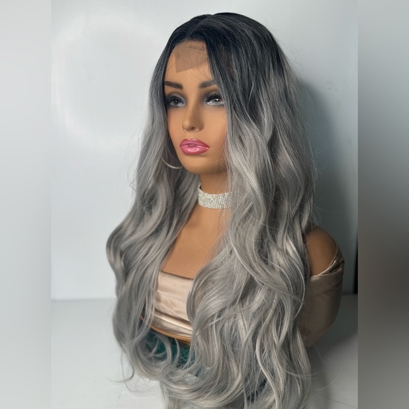 Balayage Gray - Dark Roots Wavy Front Closure Wig 30” - Picture 4 of 6